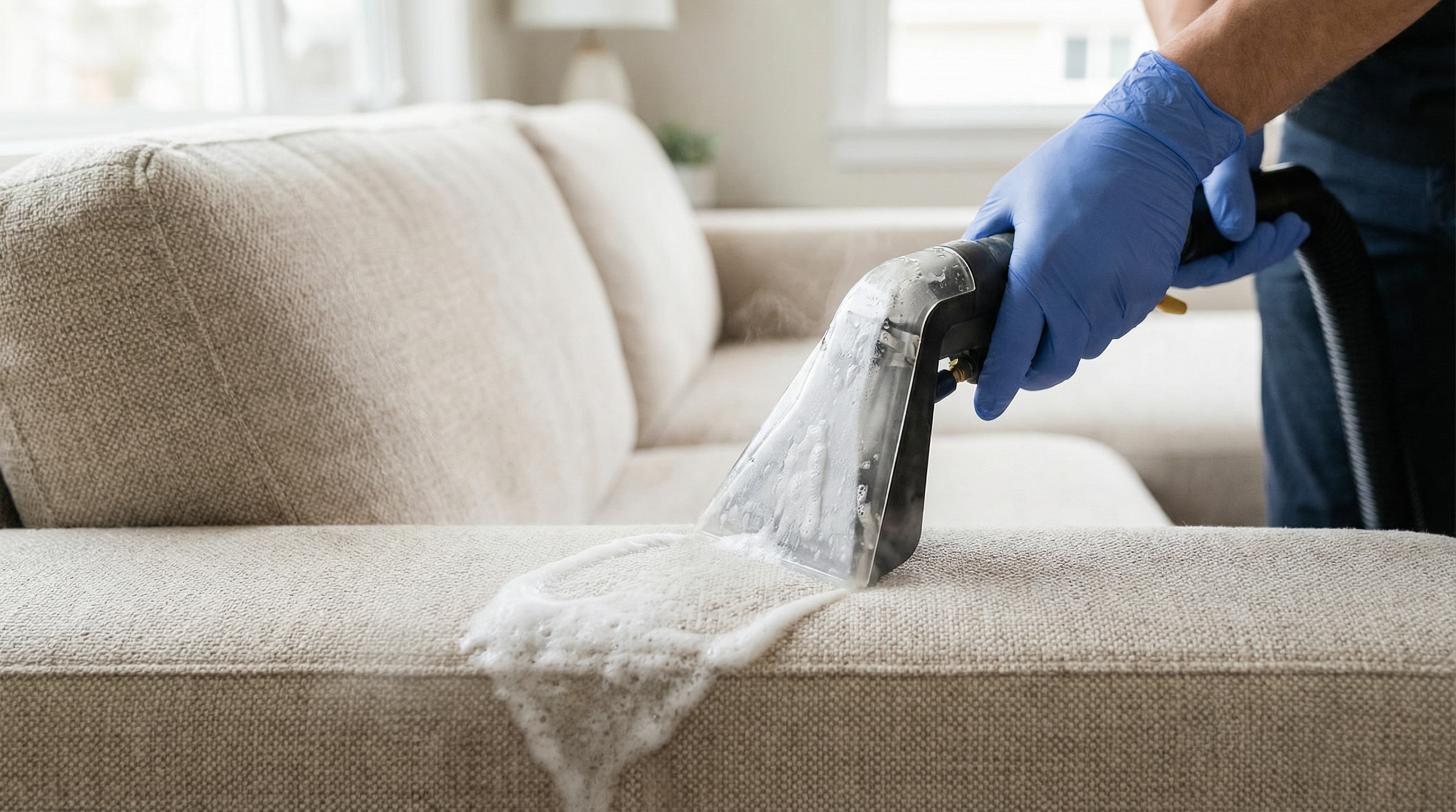 Professional upholstery cleaning specialist at work in Teesside